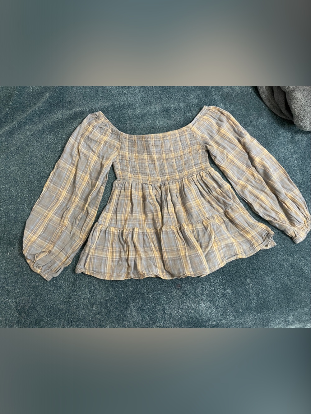 Plaid Smocked Off-Shoulder Peasant Top in Light Gray and Yellow